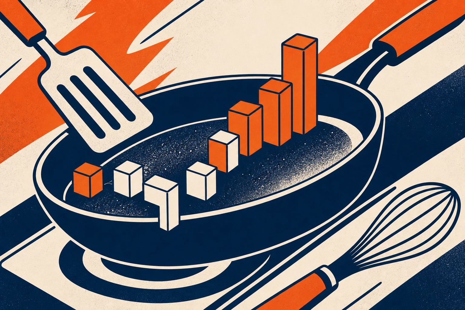 Flat illustration of a skillet holding rising market bars, framed by cooking utensils.